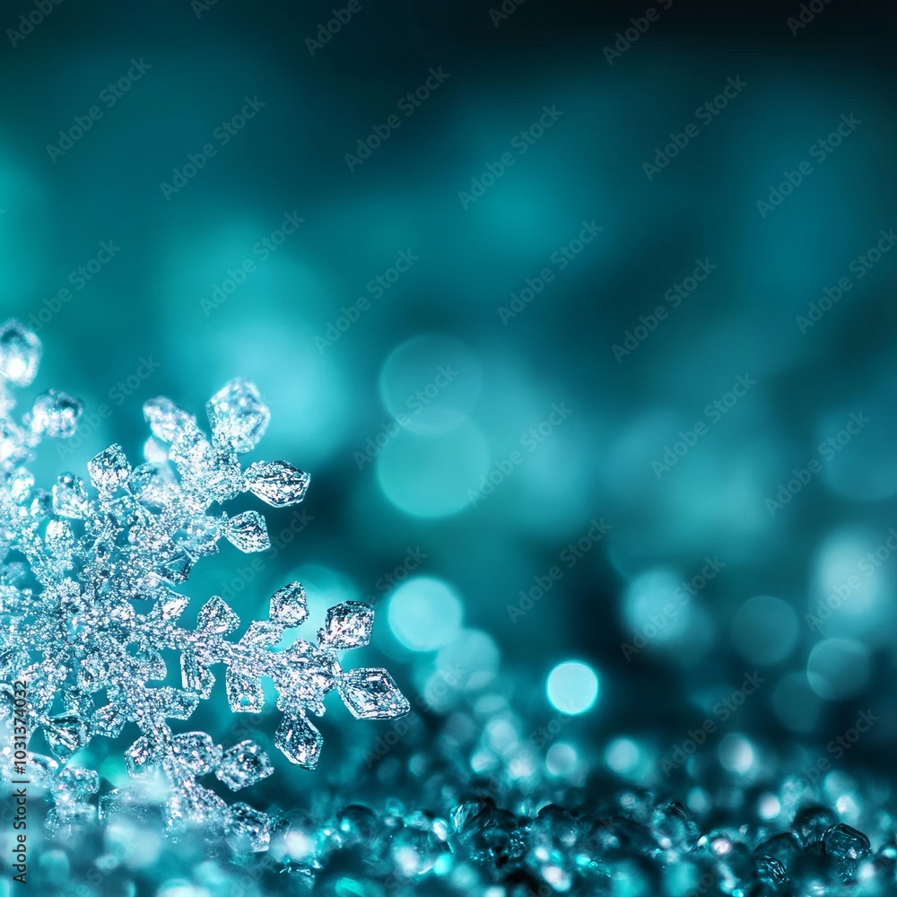 A sparkling snowflake against a shimmering teal background. A sparkling snowflake against a shimmering teal background.