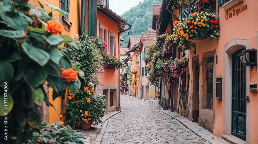 A postcard featuring a quaint European village with cobblestone streets and flower-filled balconies, with a soft watercolor effect for a dreamy feel. A postcard featuring a quaint European village with cobblestone streets and flower-filled balconies, with a soft watercolor effect for a dreamy feel.