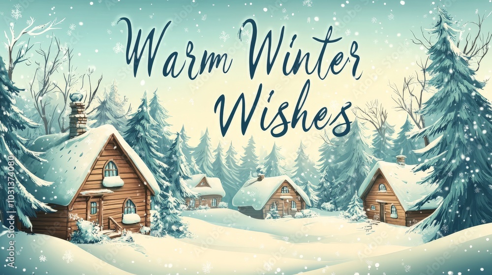 A postcard featuring a winter wonderland, with snow-covered trees and cozy cabins, and the message A postcard featuring a winter wonderland, with snow-covered trees and cozy cabins, and the message