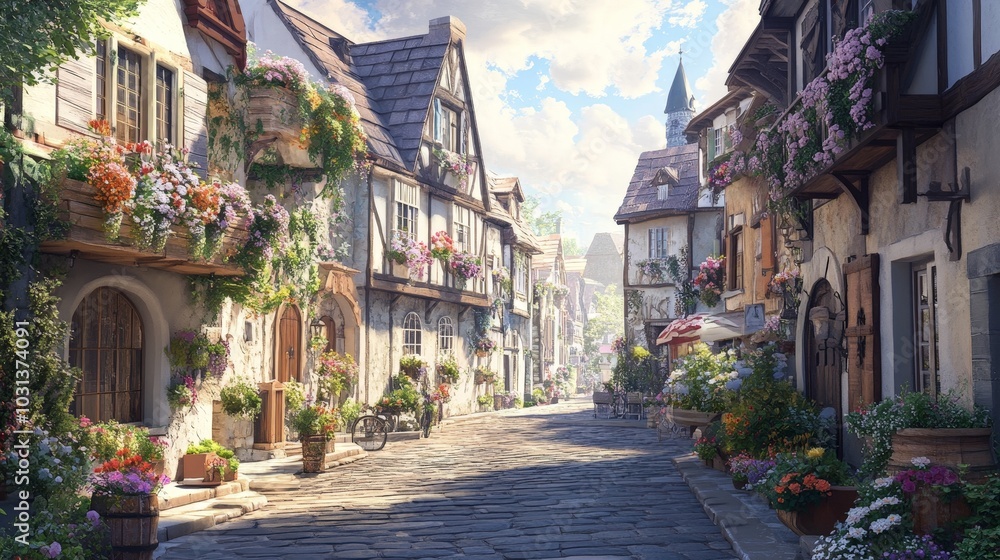 A postcard featuring a quaint European village with cobblestone streets and flower-filled balconies, with a soft watercolor effect for a dreamy feel. A postcard featuring a quaint European village with cobblestone streets and flower-filled balconies, with a soft watercolor effect for a dreamy feel.