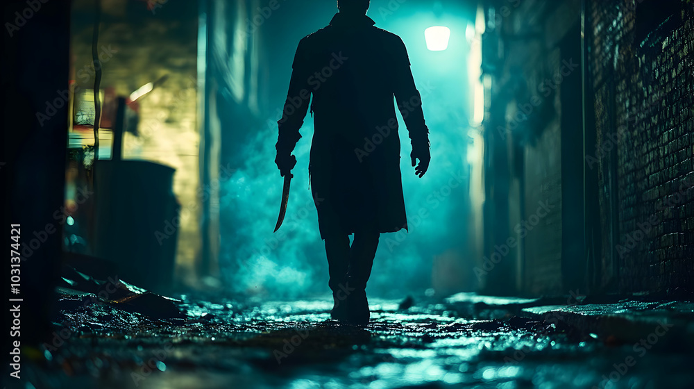 A shadowy figure wielding a weapon in a misty alleyway. A shadowy figure wielding a weapon in a misty alleyway.