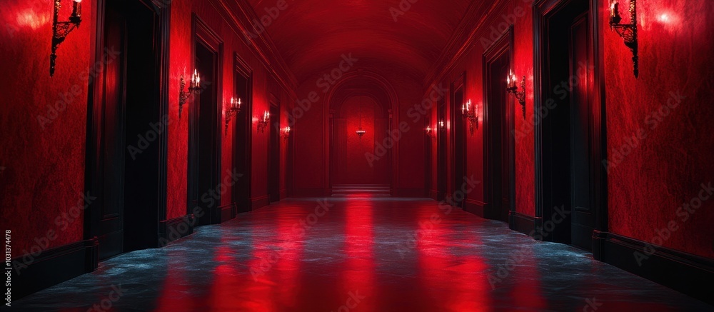 Mysterious Red Corridor with Dramatic Lighting and Ornate Wall Sconces Creating an Eerie Atmosphere in a Long Hallway Mysterious Red Corridor with Dramatic Lighting and Ornate Wall Sconces Creating an Eerie Atmosphere in a Long Hallway