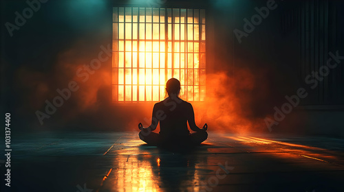 A silhouette meditating in ...