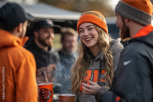 Cheerful Young Woman at Game with Friends.