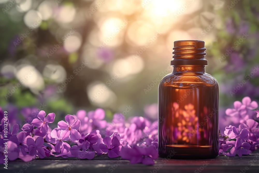 Essential Oil Bottle with Purple Flowers Essential Oil Bottle with Purple Flowers