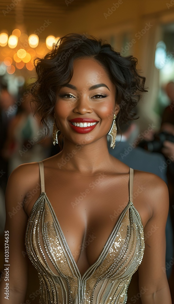 Glamorous Black Woman Wearing Formal Makeup, Red Lipstick and Drop Earrings with Formal Gold Beaded Gown, Black Tie Event, Vertical Reel Image Glamorous Black Woman Wearing Formal Makeup, Red Lipstick and Drop Earrings with Formal Gold Beaded Gown, Black Tie Event, Vertical Reel Image