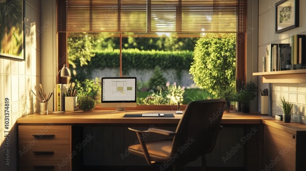 A home office setup with a comfortable chair, large desk, and minimalistic decor, with a window showing a peaceful garden. A home office setup with a comfortable chair, large desk, and minimalistic decor, with a window showing a peaceful garden.