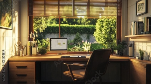 A home office setup with a comfortable chair, large desk, and minimalistic decor, with a window showing a peaceful garden.