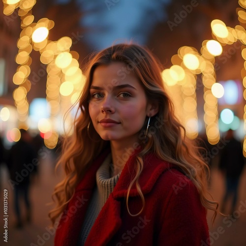 A stunning woman smiles softly as snowflakes fall around her in a delightful city setting, capturing the magic of the Christmas season. Beautiful blond girl with long hair. Generative AI