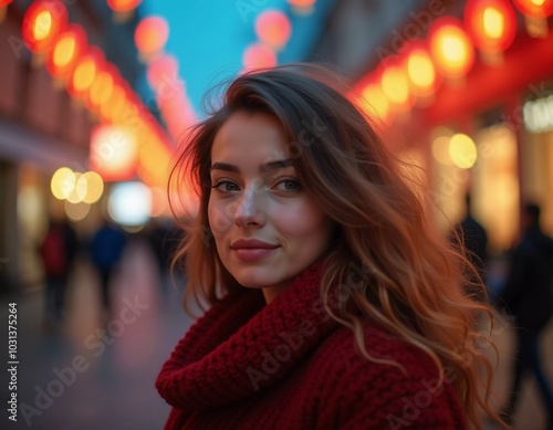 A stunning woman smiles softly as snowflakes fall around her in a delightful city setting, capturing the magic of the Christmas season. Beautiful blond girl with long hair. Generative AI