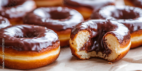 A close up of classic doughnuts with a glossy chocolate glaze, generative AI