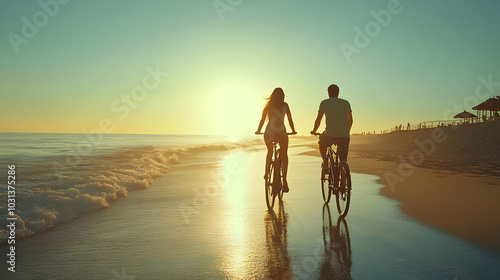 Silhouetted couple biking a...