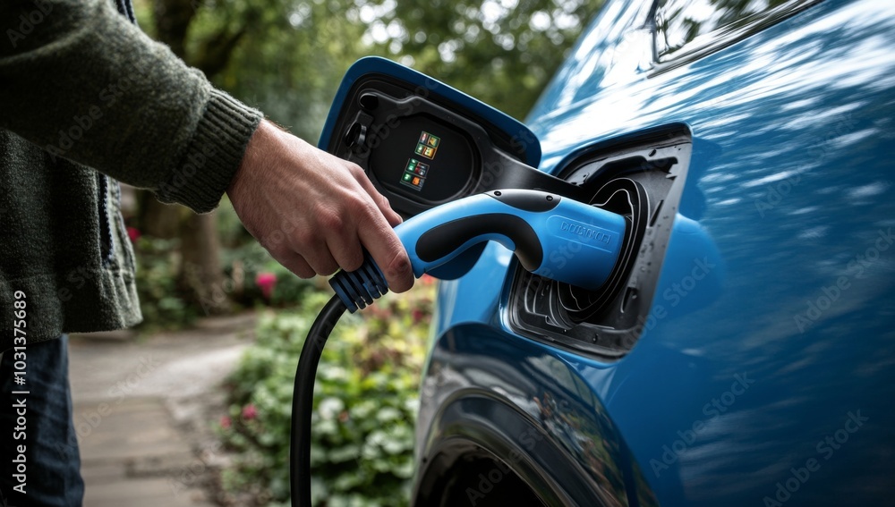 A man plugs in an electric car charging cable. A man plugs in an electric car charging cable.