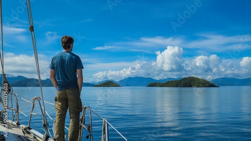 A man standing on the deck of a boat, looking at distant islands, with a bright blue sky and sea around him.