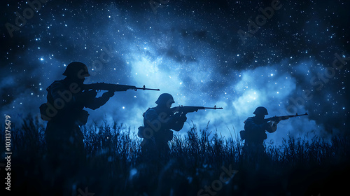 Silhouetted soldiers in a cosmic landscape with rifles.