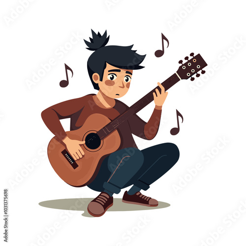 Sad singer illustration. singer with guitar vector. A man is playing a guitar with a sad expression on his face.