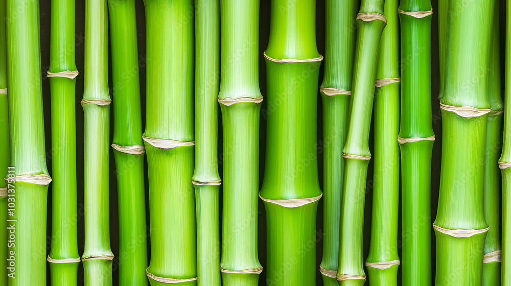 A close-up image of a group of green bamboo stalks aligned vertically. A close-up image of a group of green bamboo stalks aligned vertically.
