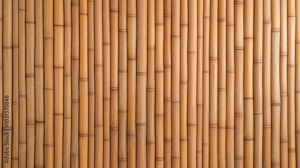 A close-up image of a wall constructed from vertical, parallel bamboo poles. A close-up image of a wall constructed from vertical, parallel bamboo poles.