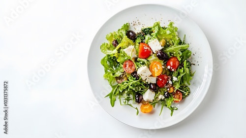 Fresh greek salad on a plate on white background. 