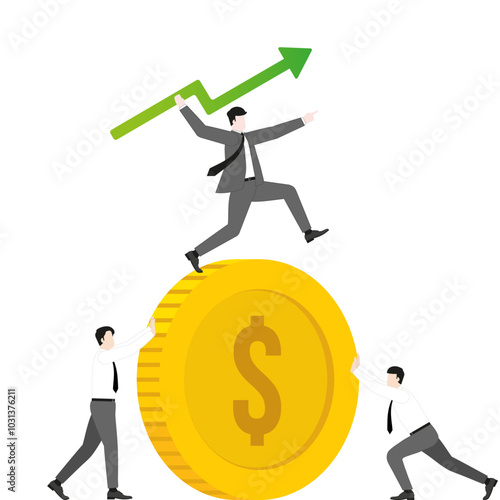 A businessman throwing a green arrow like a javelin on a dollar coin with teamwork support. Investment, financial success, business ambition, market opportunity, target goal, and wealth strategy
