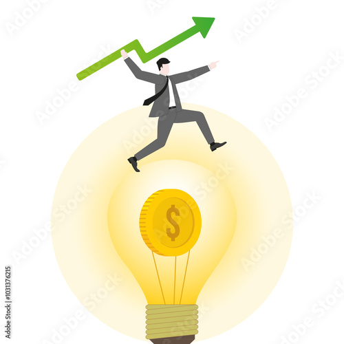A businessman throwing a green arrow like a javelin on a coin lightbulb. Idea, growth, investment, financial success, business ambition, market opportunity, target goal, and wealth strategy