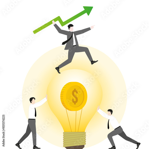 A businessman throws a green arrow like a javelin on coin lightbulb with teamwork support. Idea, investment, financial success, business ambition, market opportunity, target goal, and wealth strategy