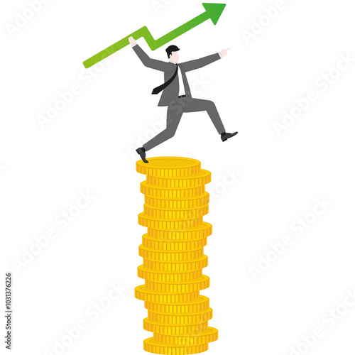 A businessman aiming and throwing a green arrow like a javelin on coins stack. Growth, investment, financial success, business ambition, market opportunity, target goal, and wealth strategy