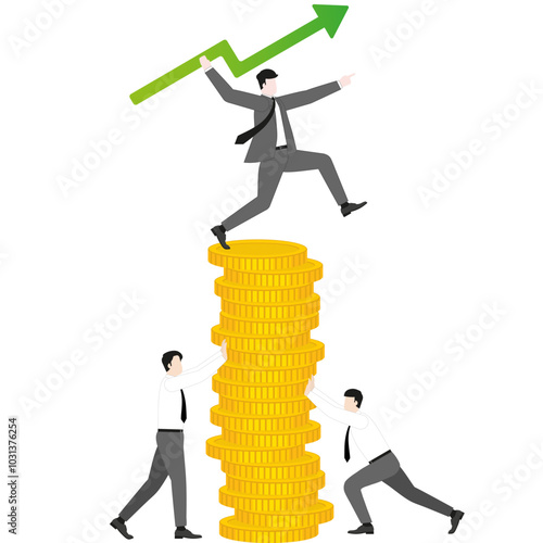 A businessman aims and throws a green arrow like a javelin on coins stack with teamwork support. Investment, financial success, business ambition, market opportunity, target goal, and wealth strategy