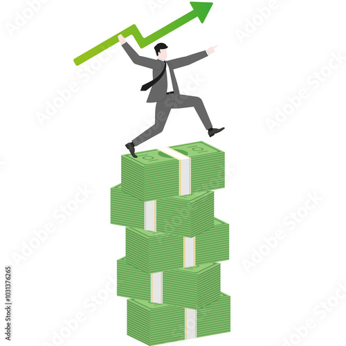 A businessman aiming and throwing a green arrow like a javelin on banknotes stack. Growth, investment, financial success, business ambition, market opportunity, target goal, and wealth strategy