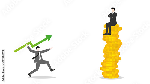 A businessman aiming and throwing a green arrow like a javelin to a rival sitting on coins stack. Competition, investment, financial success, business ambition, market opportunity, and target goal