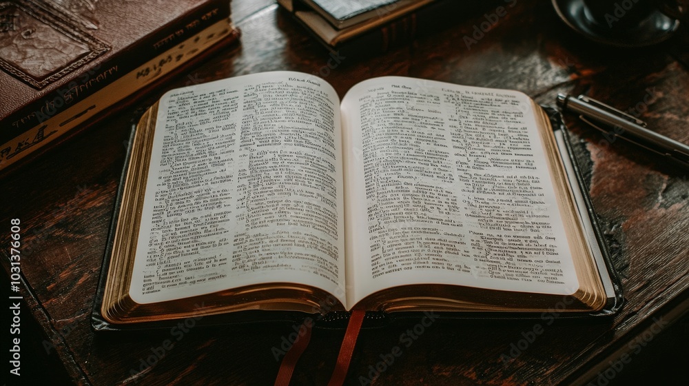 Obraz premium Open dictionary on a wooden table with pens and books nearby