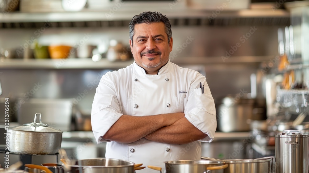 A slightly overweight chef in his mid-40s, dressed in a traditional chef's uniform, standing in the center of a commercial kitchen, with a focused expression and cooking tools surrounding him. A slightly overweight chef in his mid-40s, dressed in a traditional chef's uniform, standing in the center of a commercial kitchen, with a focused expression and cooking tools surrounding him.