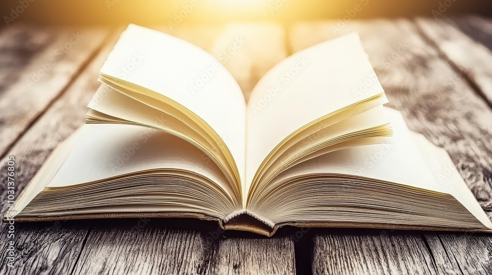 Open book on wooden table with warm light background Open book on wooden table with warm light background