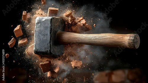 A hammer striking bricks, creating dust and debris.