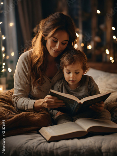 The mother reads a bedtime story to her child in bed.