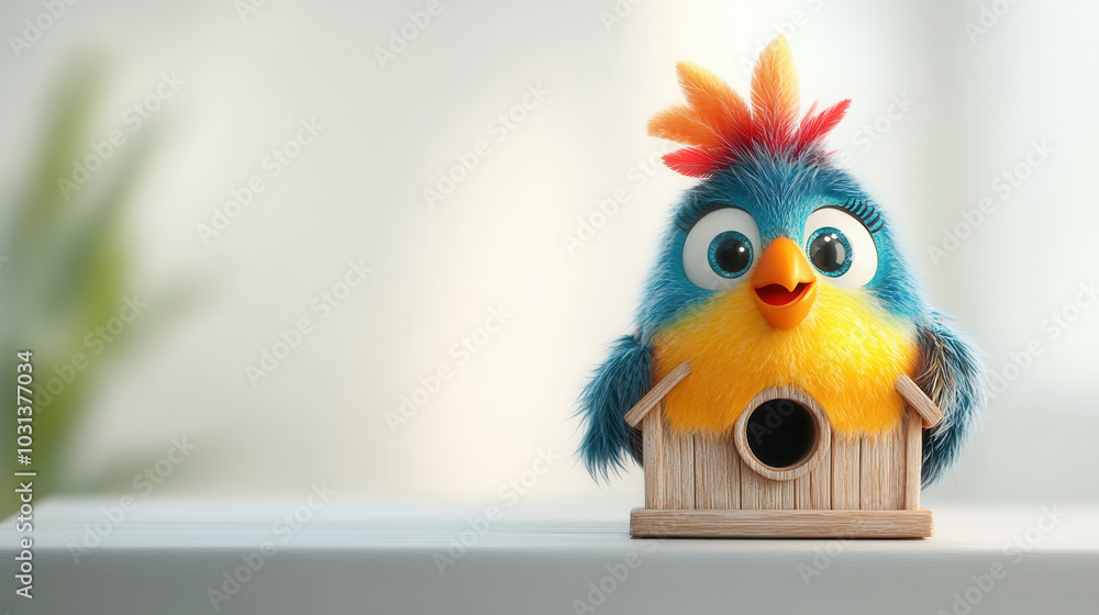 Fototapeta premium Cheerful cartoon style bird sitting in colorful birdhouse, showcasing vibrant feathers and playful expression. This delightful scene brings joy and warmth to any space