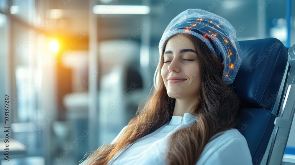 A young woman relaxes with a peaceful expression, enjoying a calming moment in a modern therapy setting with soft lighting. A young woman relaxes with a peaceful expression, enjoying a calming moment in a modern therapy setting with soft lighting.