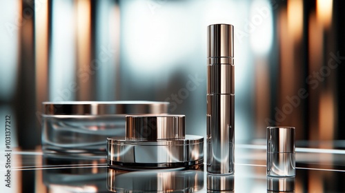 A sleek and modern 3D arrangement of luxury skin care products in metallic finishes, displayed on a reflective surface with light reflections creating depth. photo