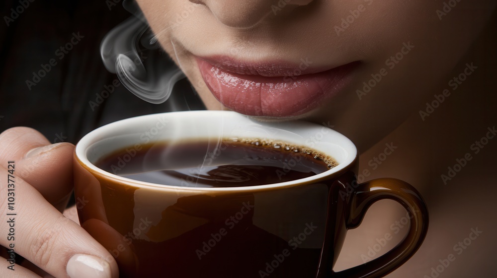 Woman exhaling steam while sipping hot beverage in cozy, blurred background setting Woman exhaling steam while sipping hot beverage in cozy, blurred background setting