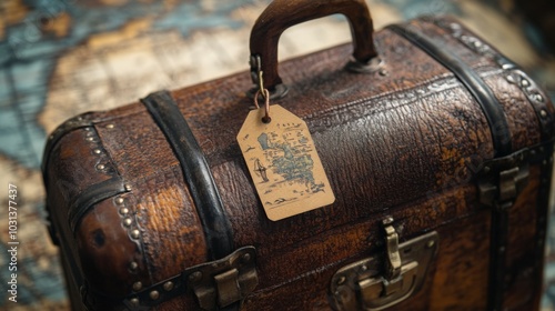 Vintage Leather Bound Suitcase with Antique Map Tag