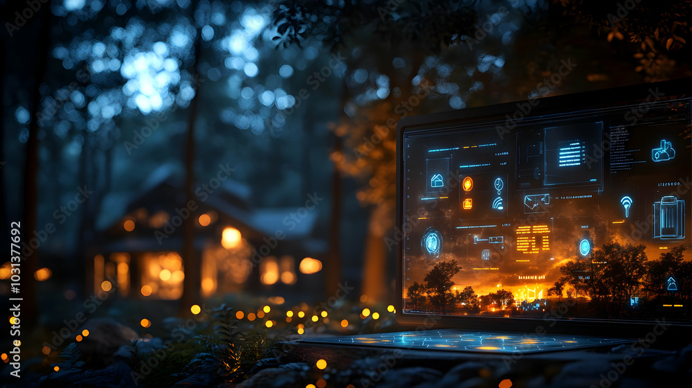 Fototapeta premium A laptop displaying digital data in a serene forest setting.