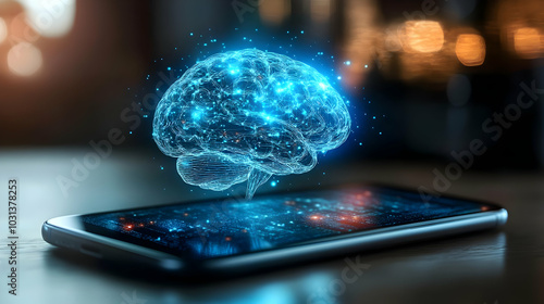 A digital brain hologram above a smartphone screen.