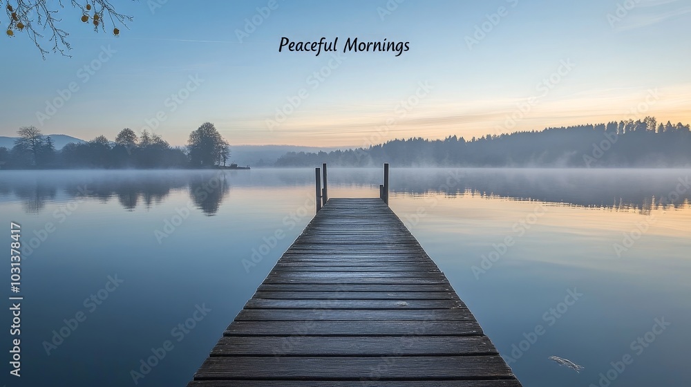 Fototapeta premium A tranquil postcard featuring a wooden pier extending into a calm lake, with soft morning light and the message 