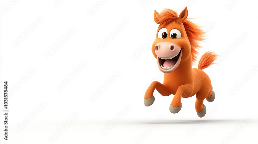 Joyful cartoon style horse galloping happily with bright orange coat and cheerful expression. This playful character embodies fun and energy in vibrant setting Joyful cartoon style horse galloping happily with bright orange coat and cheerful expression. This playful character embodies fun and energy in vibrant setting
