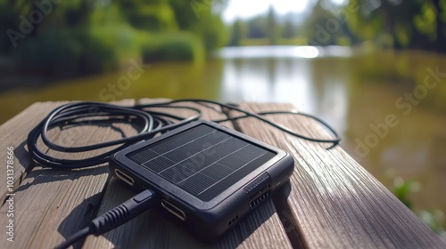 Solar charger placed on a wooden table by the lake photo