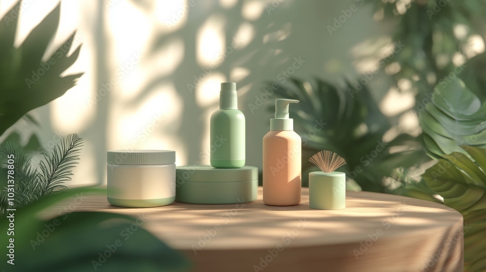 A vibrant 3D composition of skin care products in eco-friendly packaging, displayed on a wooden surface with soft lighting and natural elements. A vibrant 3D composition of skin care products in eco-friendly packaging, displayed on a wooden surface with soft lighting and natural elements.