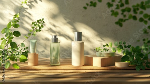 A vibrant 3D composition of skin care products in eco-friendly packaging, displayed on a wooden surface with soft lighting and natural elements.