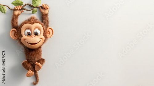 Cute cartoon monkey hanging upside down from branch, showcasing playful and cheerful expression. This adorable character brings joy and fun to any setting