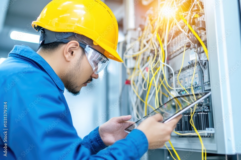 An electrician wearing a helmet inspects electrical systems while using a tablet in a modern facility. An electrician wearing a helmet inspects electrical systems while using a tablet in a modern facility.
