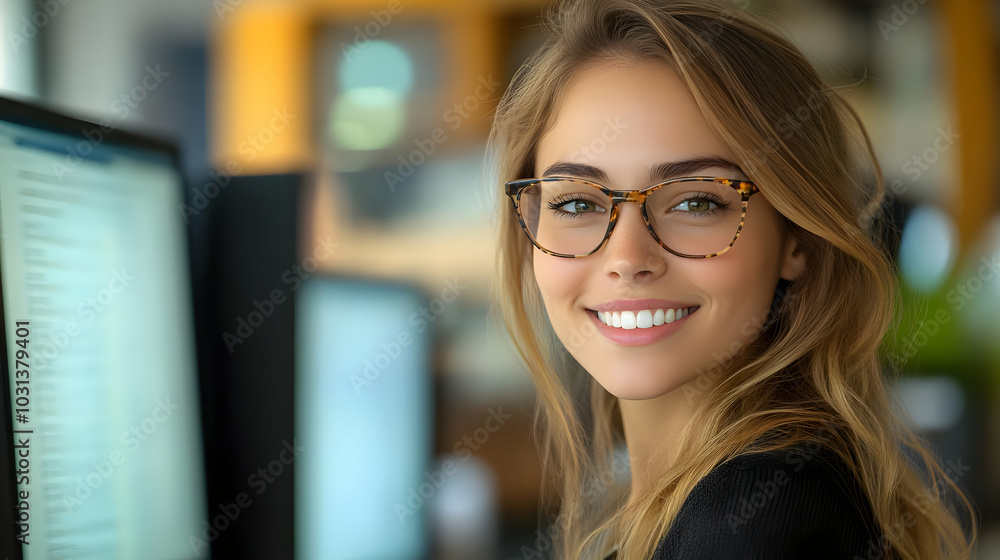 A smiling woman with glasses working at a computer. A smiling woman with glasses working at a computer.